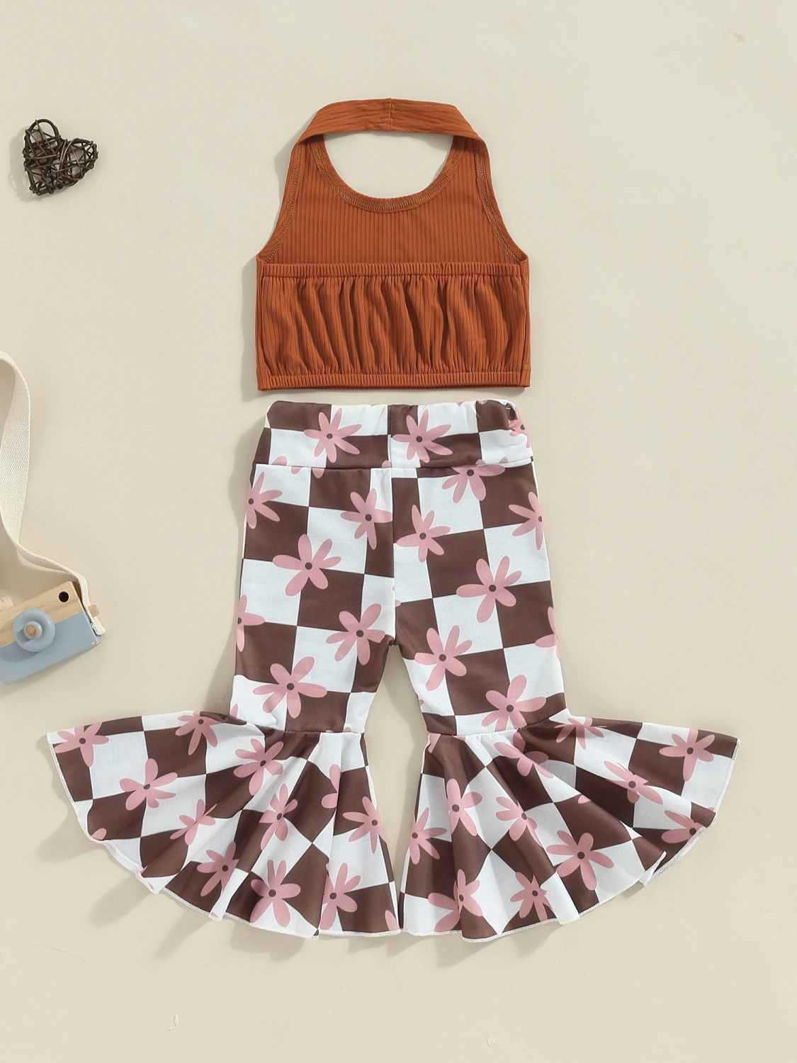 Toddler Girls Flare Pants Set Halter Tops Plaid Floral Trousers Outfit