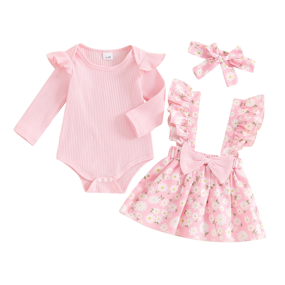 Baby Girls Skirt Set, Long Sleeve Romper Flower Print Skirt Headband