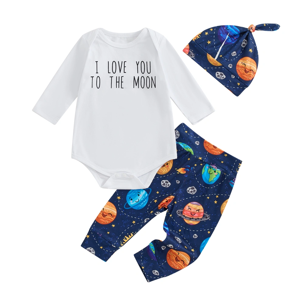 Boys 3PCS Outfit Sets Long Sleeve Romper Planets Print Pants Hat Set