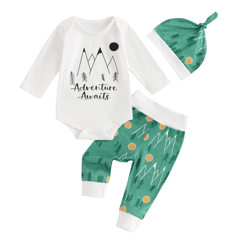 Boys 3PCS Outfit Sets Long Sleeve Romper Mountain Print Pants Hat