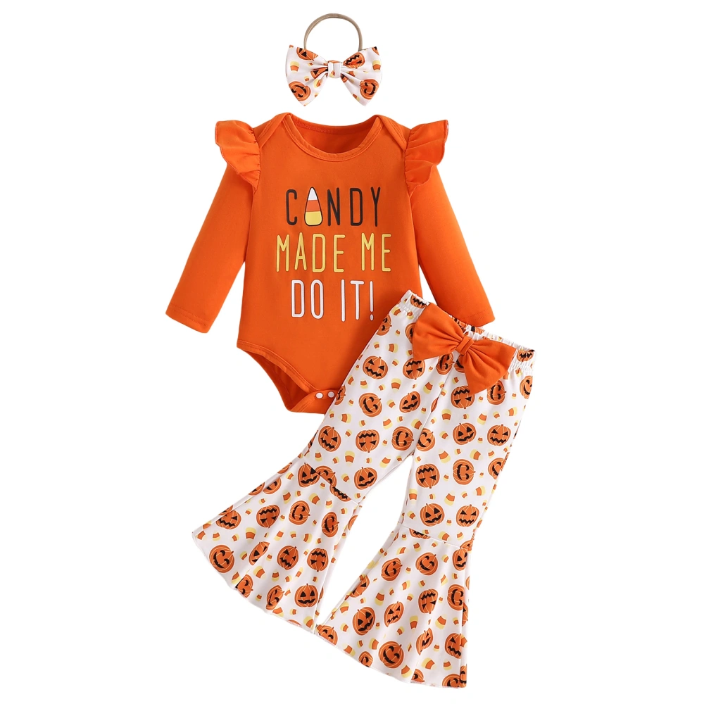 Girls Halloween Outfits Letter Print Romper and Pumpkin Pants Headband