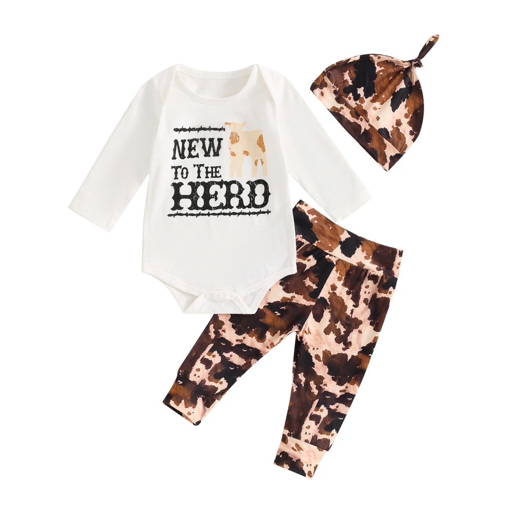 Boys 3PCS Outfit Sets Long Sleeve Romper Herd Print Pants Hat Set