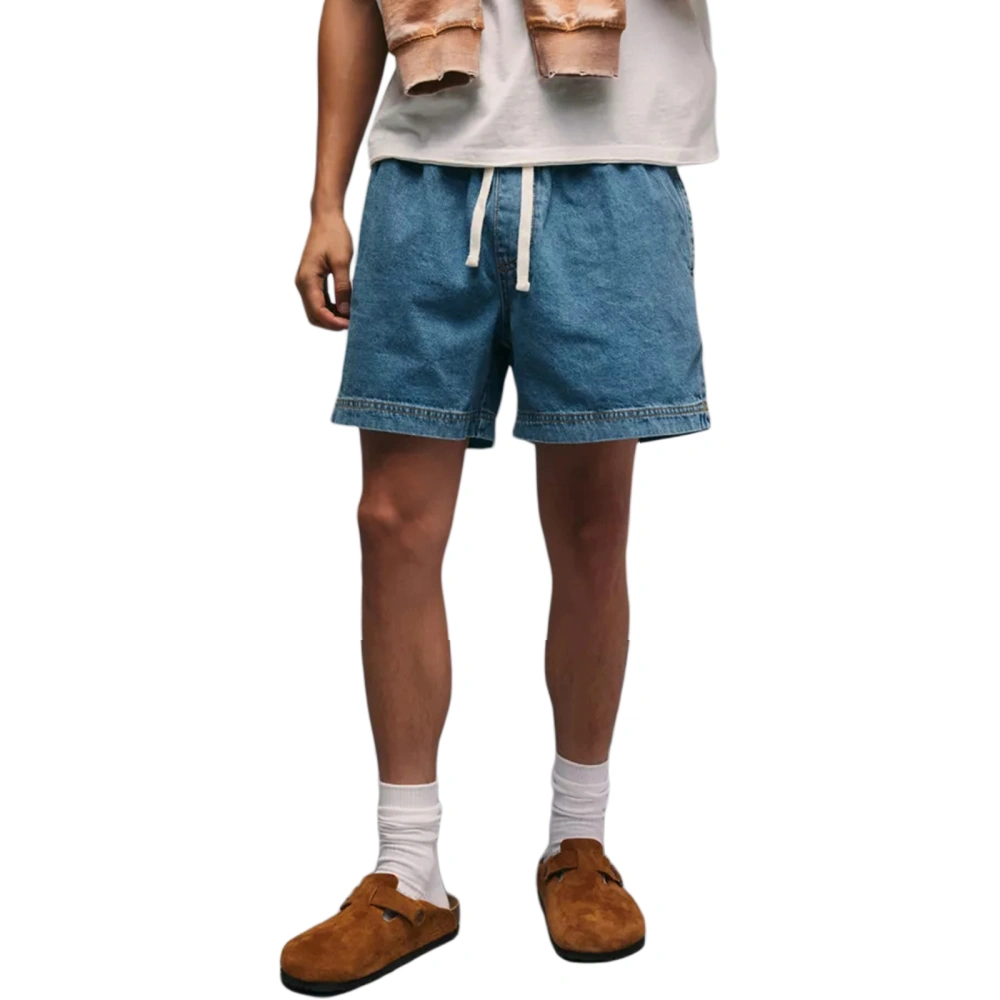 Men Denim Shorts Elastic Waist Solid Summer Casual Shorts with Pockets