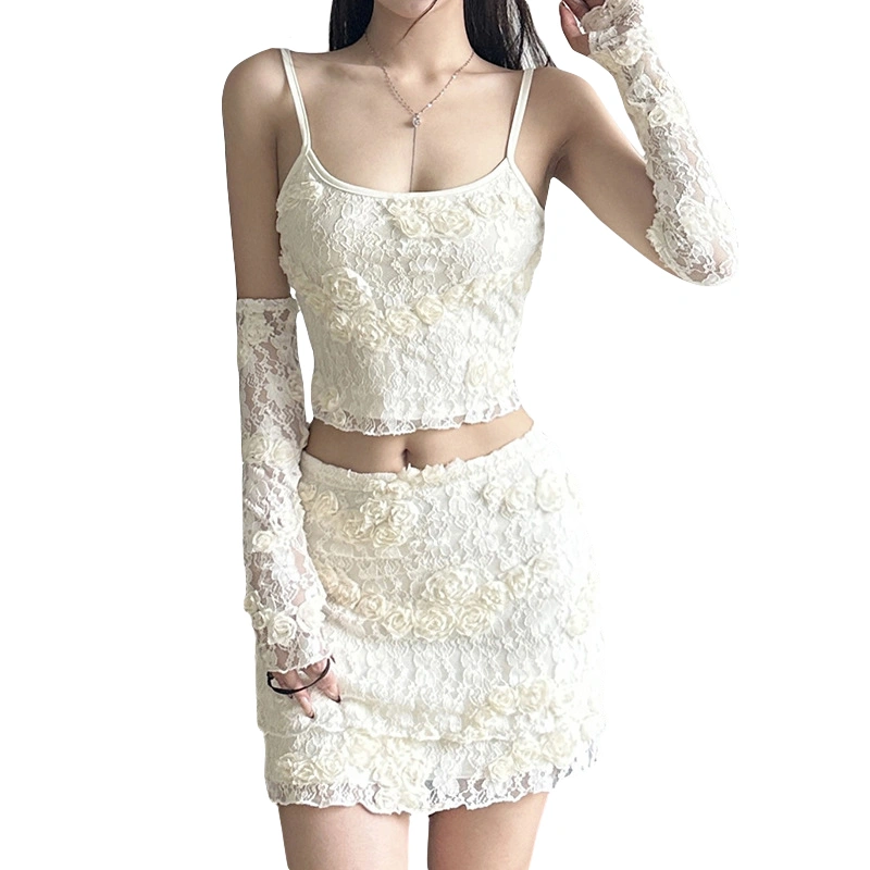 Women Crop Lace Camisole Slim 3D Flower Backless Spaghetti Strap Tops