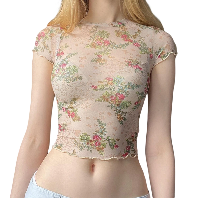 Women Sheer T-shirt, Short Sleeve Crew Neck Floral See-through Top