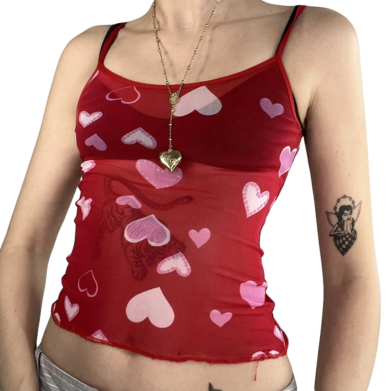 Women's Mesh Slim Camisole Heart Print Spaghetti Strap Cropped Tops