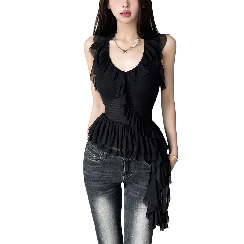 Women Tank Tops Solid Color Ruffles Tie-Up Halter Neck Backless Vests