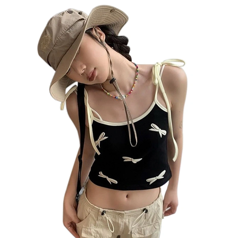 Women Crop Camisole Casual Summer Cute Bow Tie Strap Tank Tops 