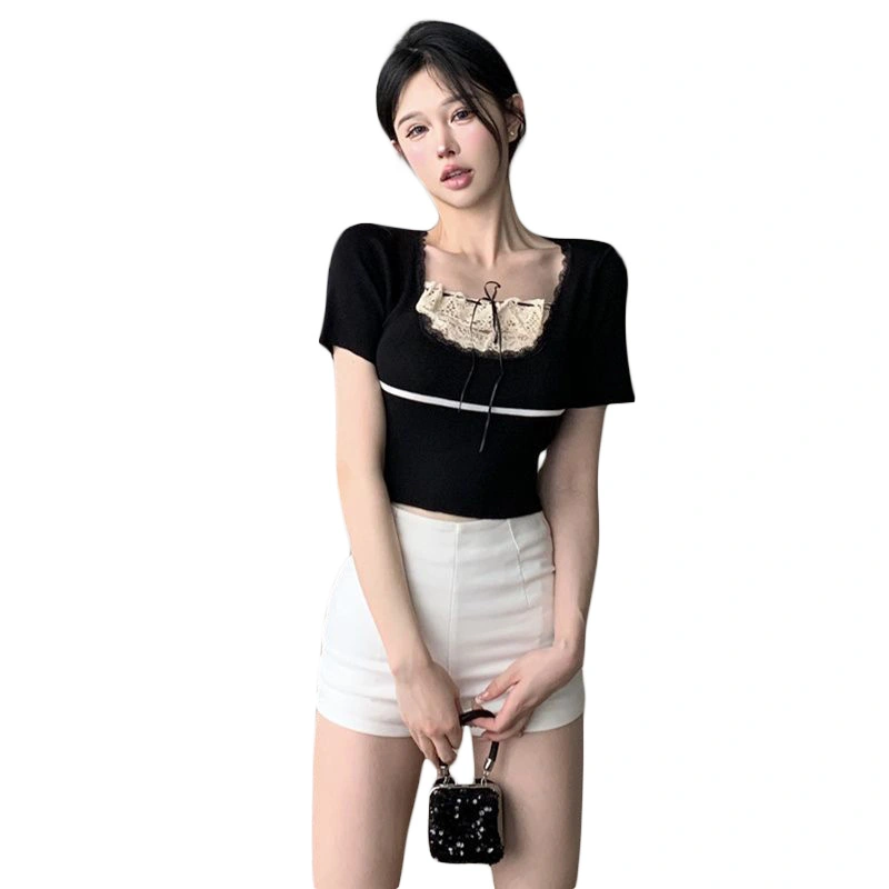 Women's Square Neck T-Shirts Short Sleeve Lace Patchwork Slim Fit Tops