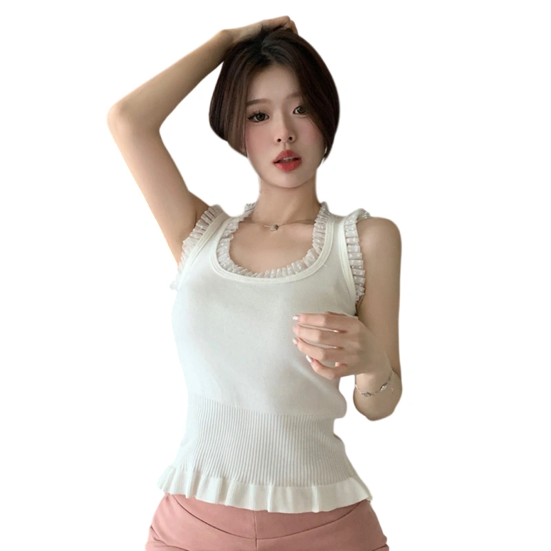 Women Knit Tank Top, Sleeveless U Neck Frills Patchwork Slim Vest