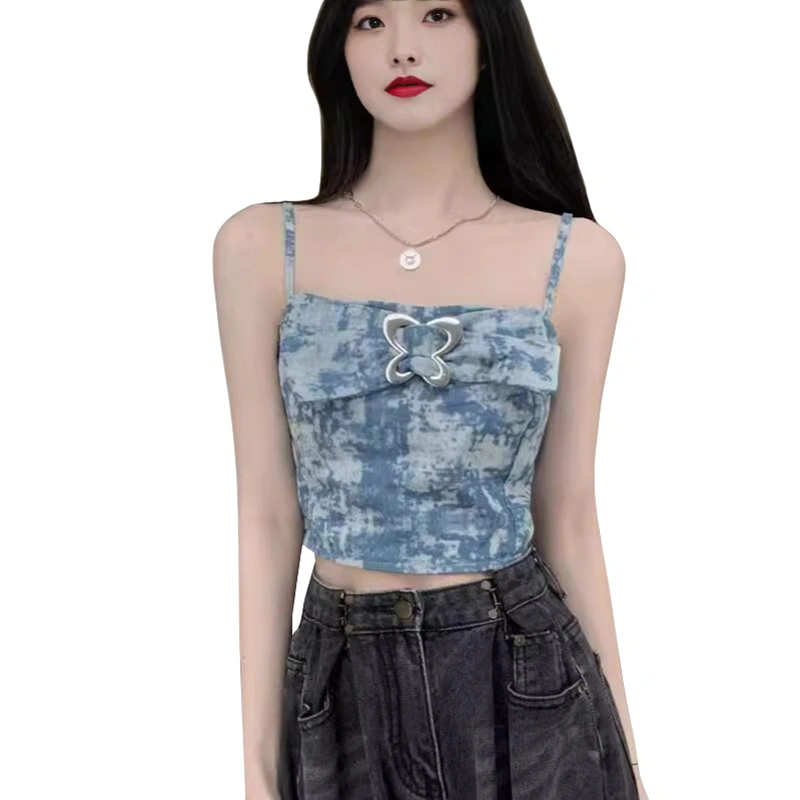 Women Crop Camisole Tie-Dye Print Cute Bow Spaghetti Strap Tank Tops