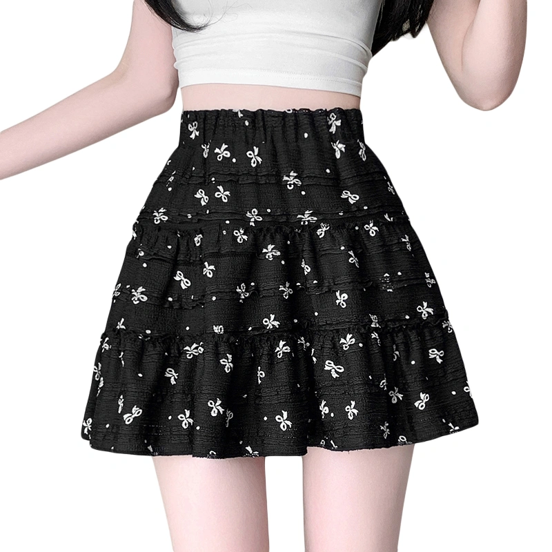 Women Mini Lace Skirt Bow Print Elastic Waist Aline Tiered Cake Skirt 