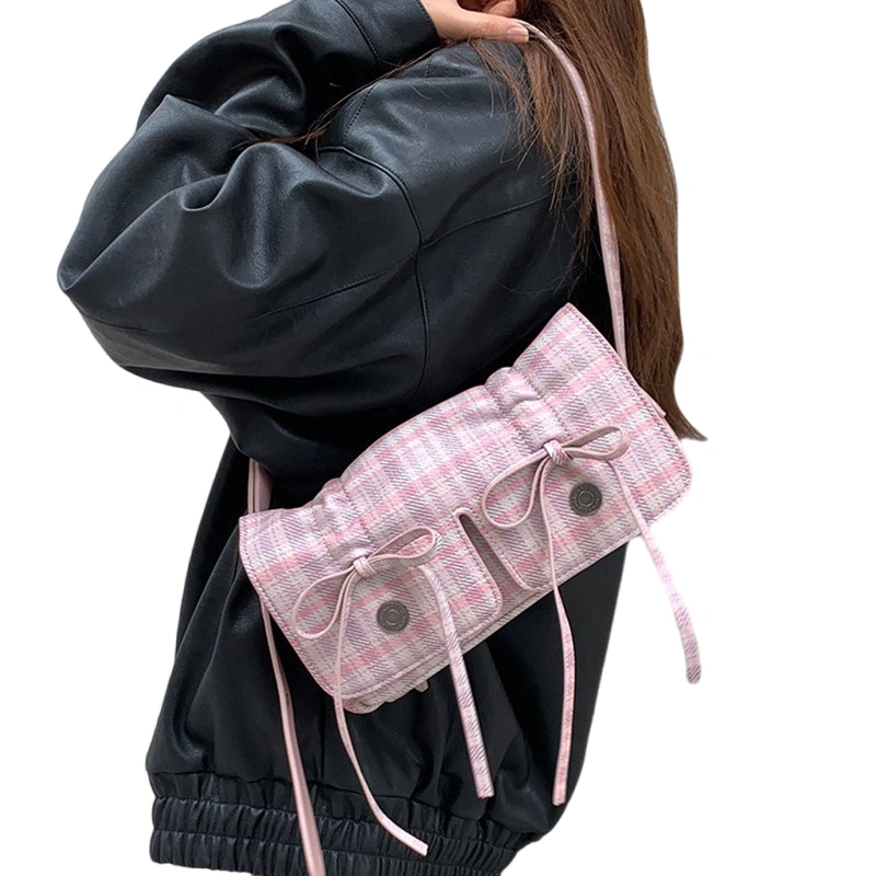 Women PU Shoulder Bag Cute Bow Plaid Print Handbag Underarm Bag 