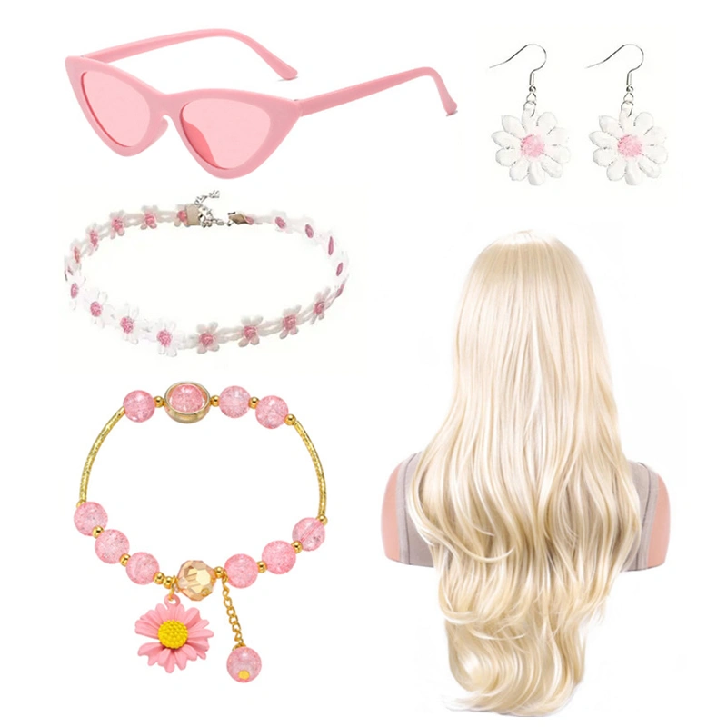 Women Barbie Jewelry Necklace Earrings and Bracelet Sunglasses Wig