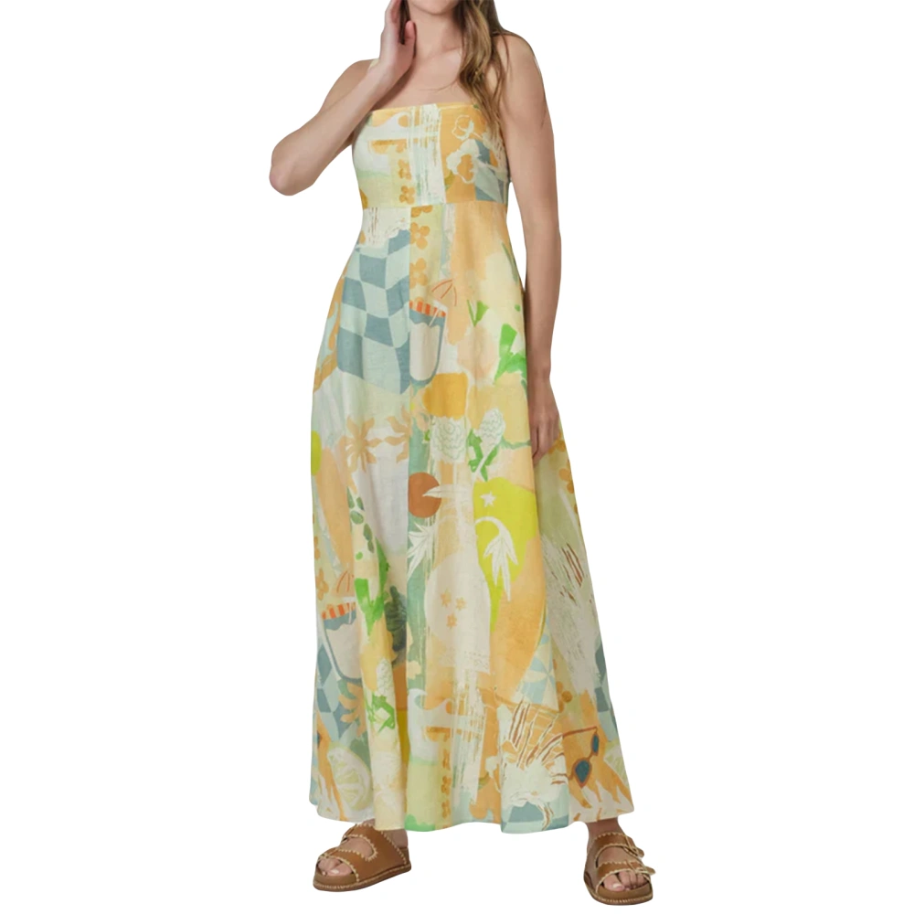 Women Long Dress Sun Birds Print Sleeveless Dress Cami Dress