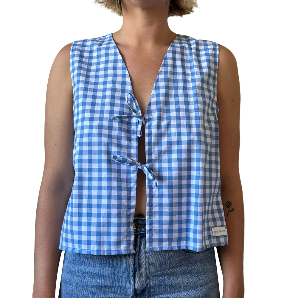 Women's Plaid Print Tank Tops Double Front Tie Closure V-Neck  Vest