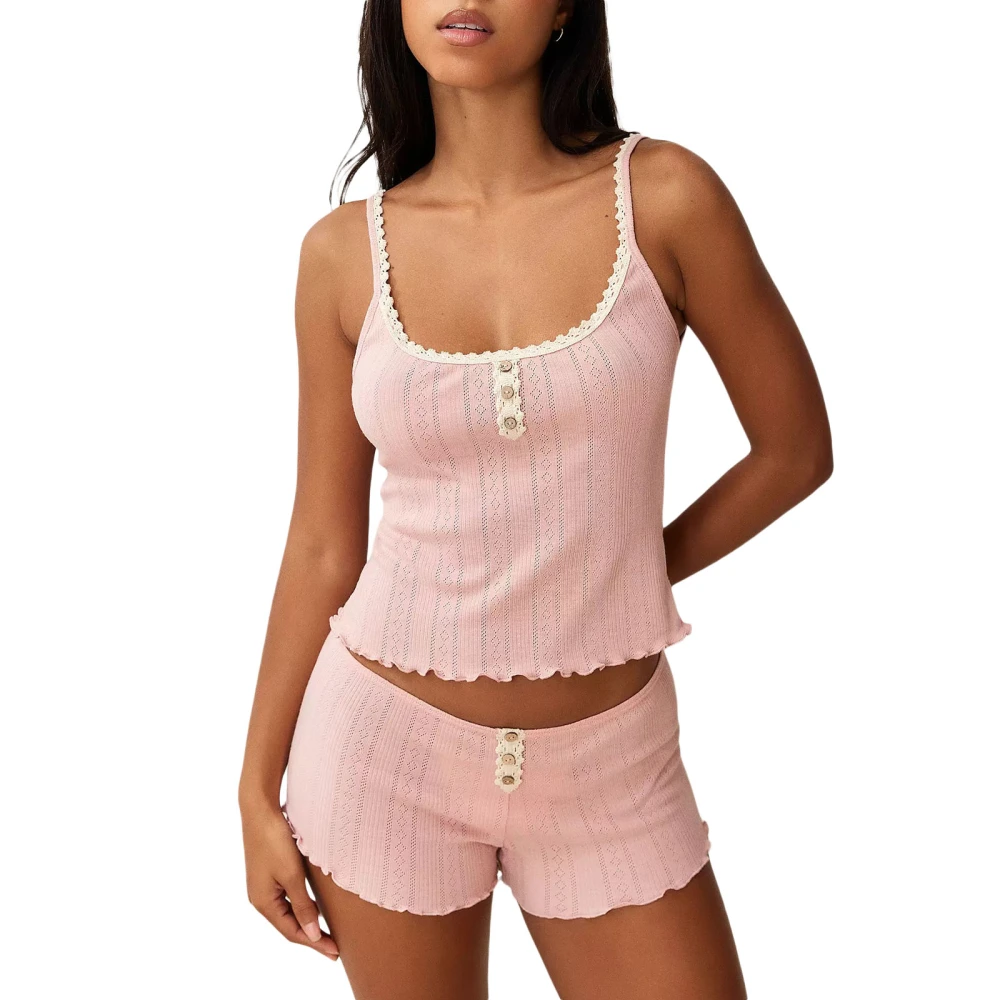 Women’s Two Piece Pajamas Set Sleeveless Button Cami Tops and Shorts