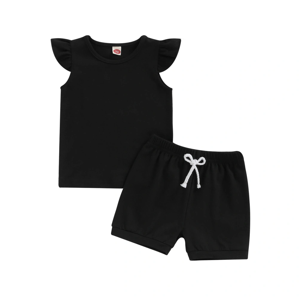 Little Girl Solid Color Set, Fly Sleeve Tops Elastic Waist Shorts 