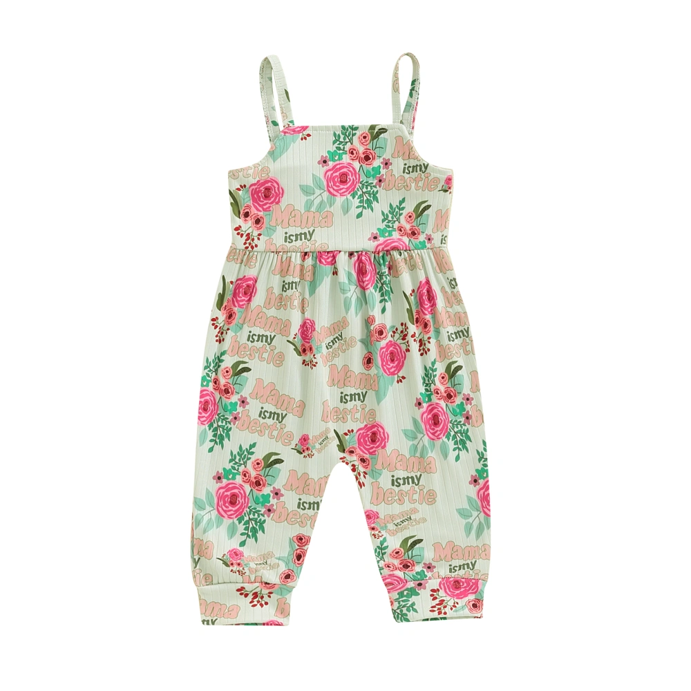 Girl Summer Romper Overalls Letters Floral Print Sleeveless Jumpsuit