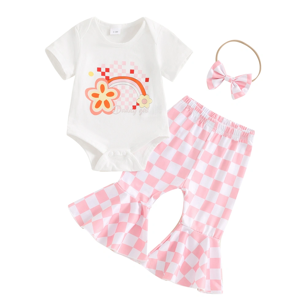 Baby Girls Outfit Floral Rainbow Print Romper and Plaid Pants Headband