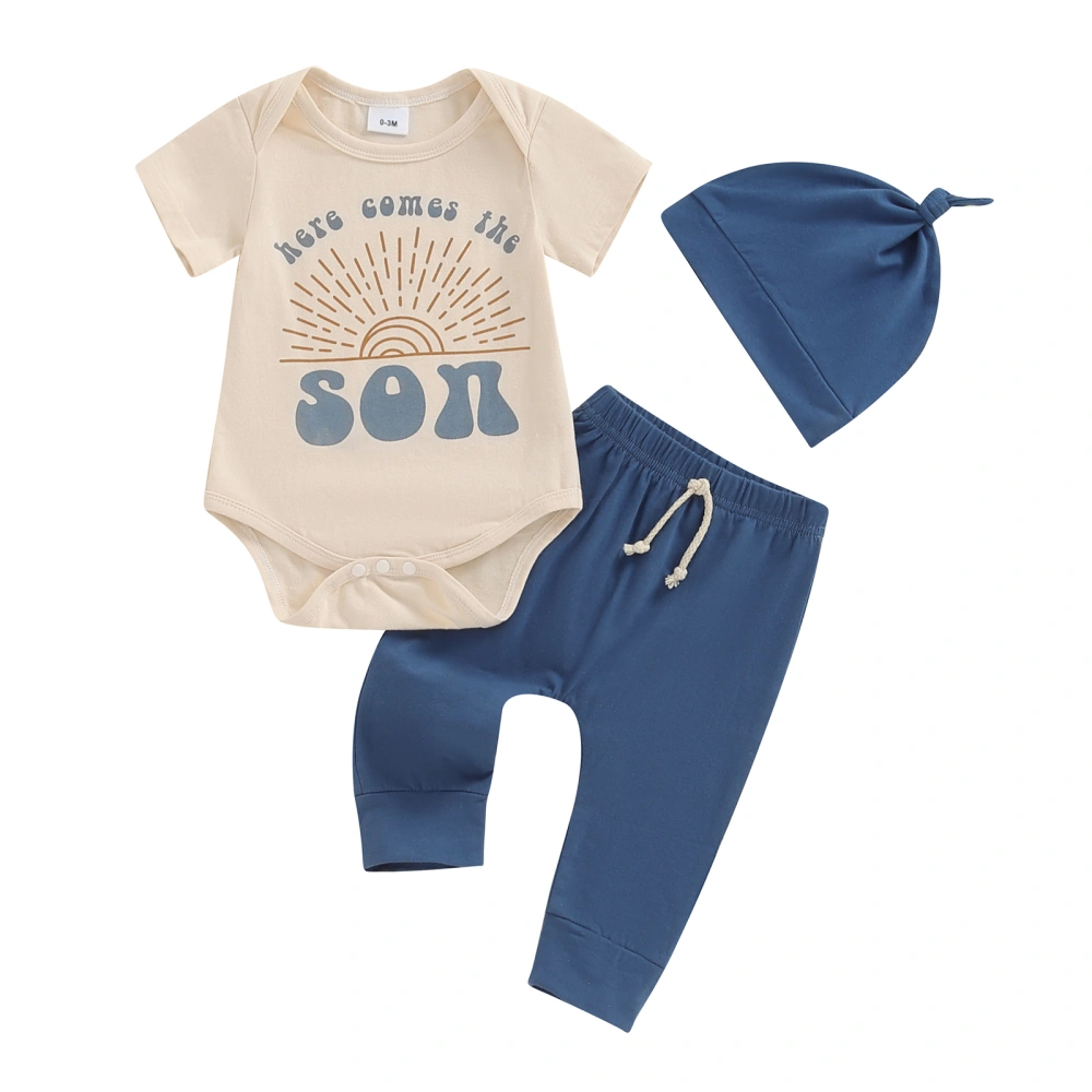 Baby Boys Outfit, Sun Letters Print Short Sleeve Romper Pants Hat