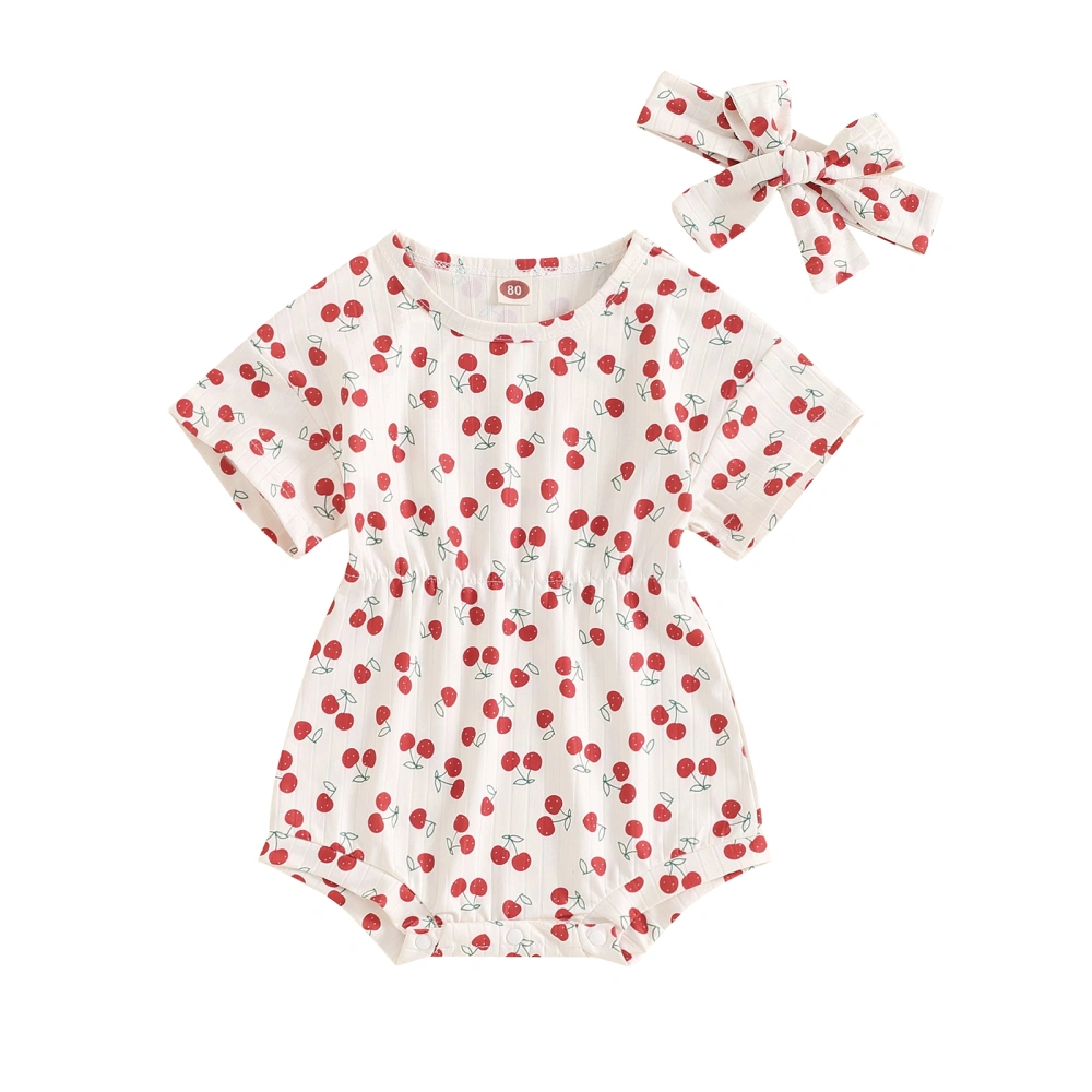 Baby Summer Romper Short Sleeve Cherry Print Romper with Headband