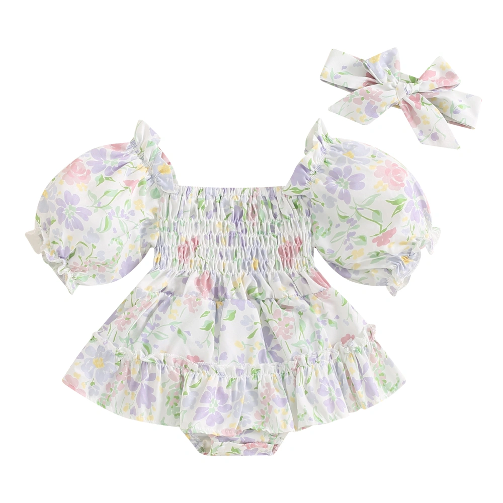 Baby Girls Floral Romper Dress Puff Sleeve Jumpsuit Headband