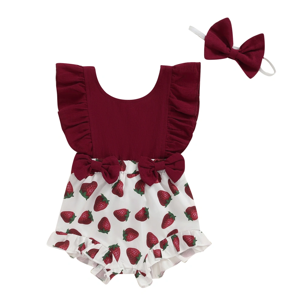 Baby Rompers Strawberry Print Patchwork Bodysuits with Headband