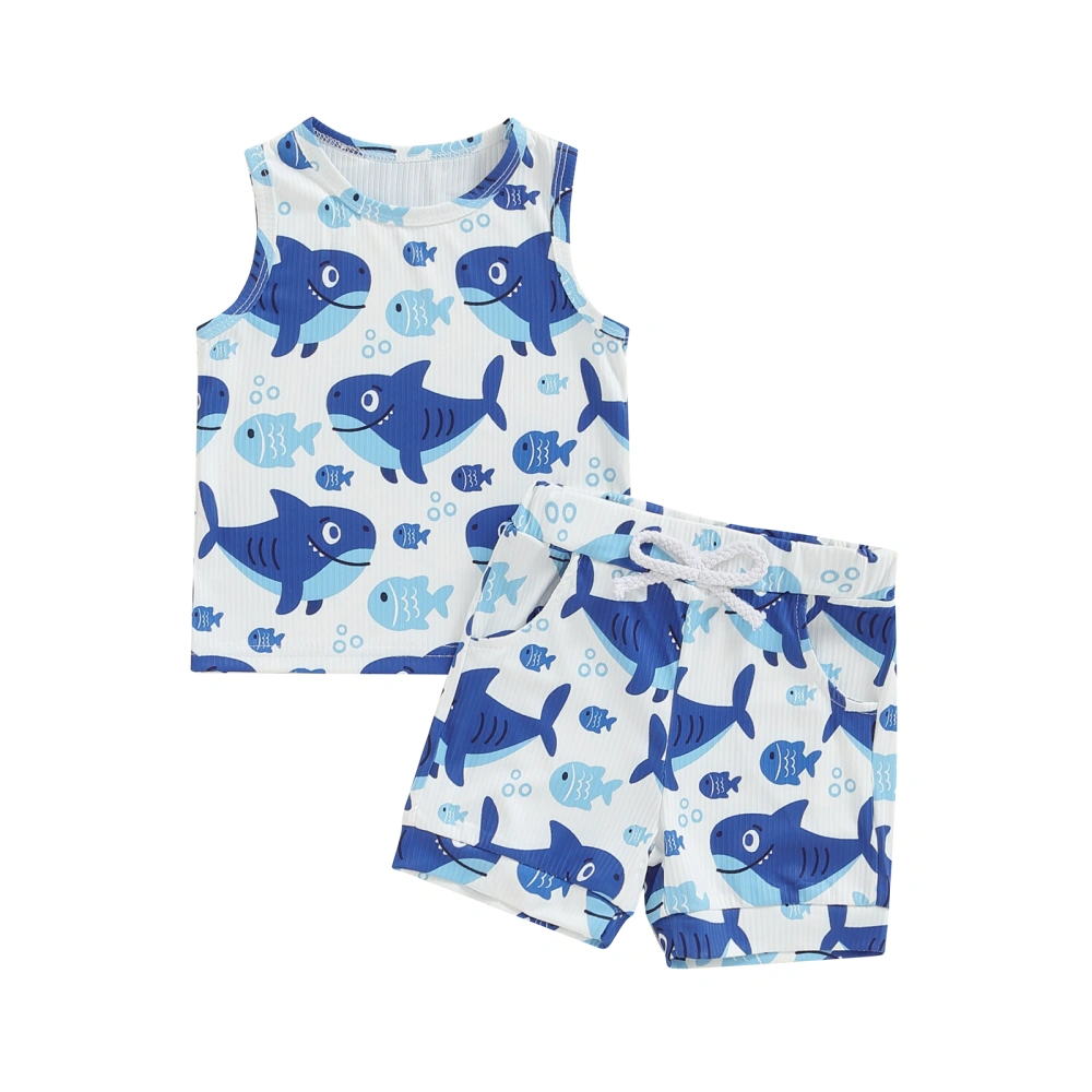 Boys Summer Outfits Cartoon Shark Print Round Neck Tank Tops Shorts