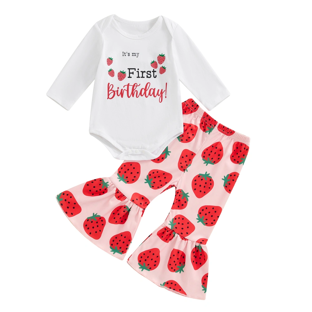 Baby Girls Set Strawberry Letter Long Sleeve Romper Flare Trousers Set