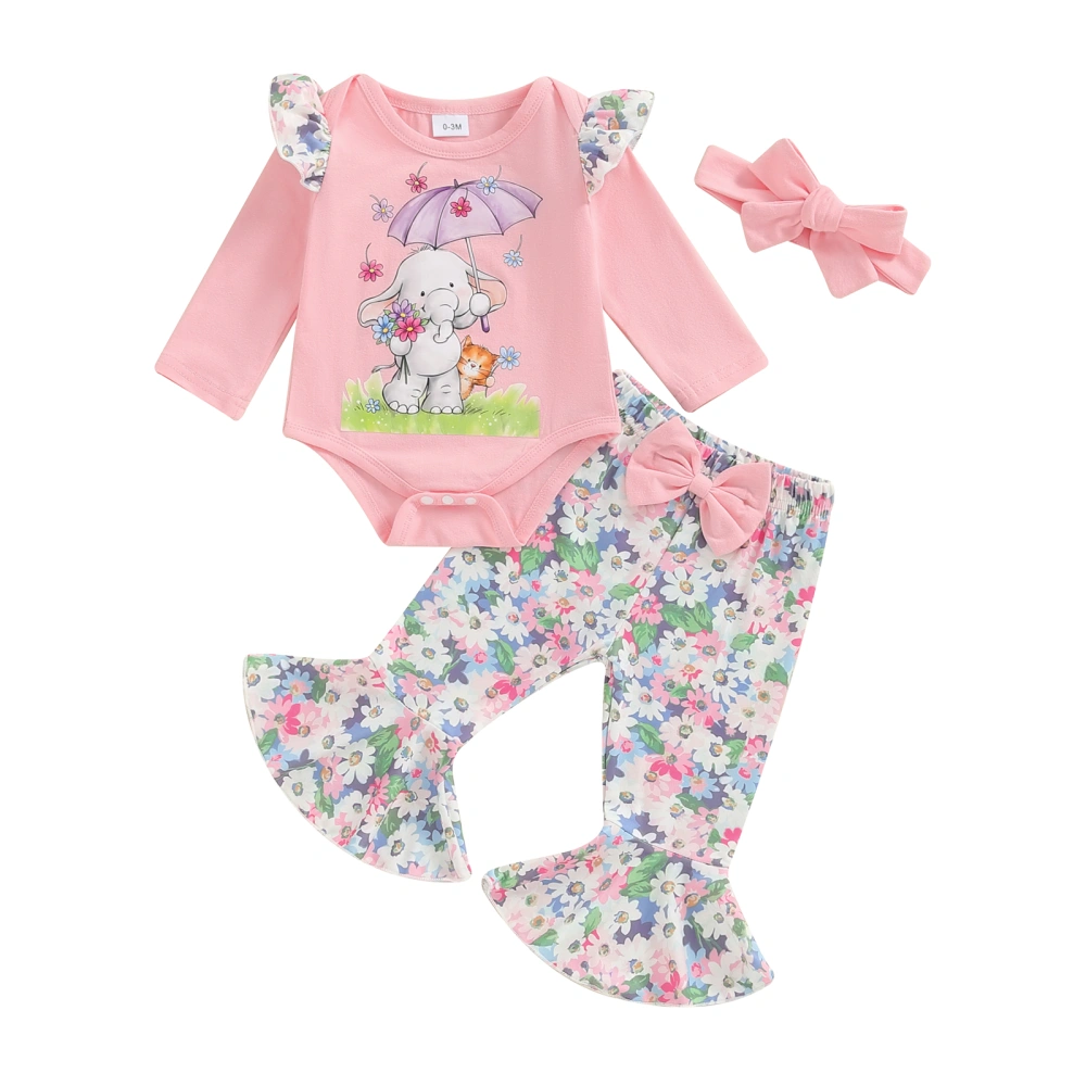 Baby 3PCS Sets Long Sleeve Elephant Print Romper Floral Pants Headband