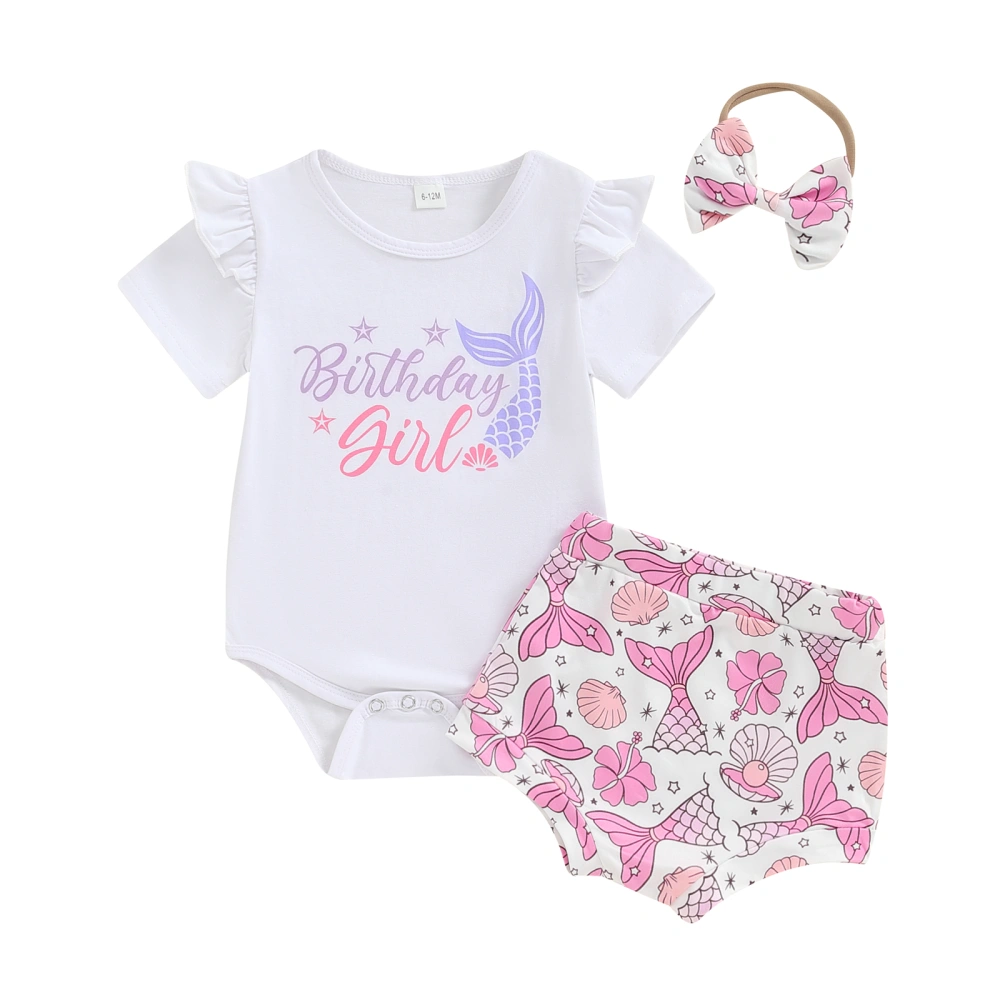 Girl Birthday Outfit Short Sleeve Romper Shell Pattern Shorts Headband