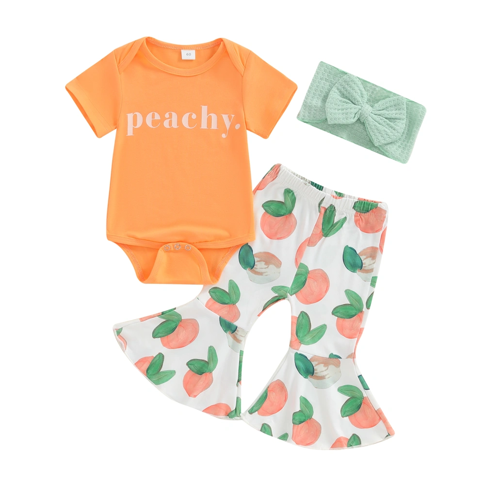 Baby Girls Spring Outfits Romper + Peach Print Flare Pants + Headband