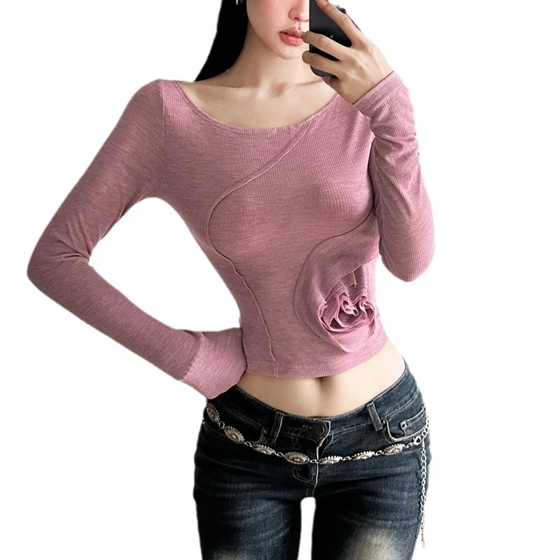 Women’s 3D Flower Crop Tops Long Sleeve Scoop Neck Knit T-Shirts