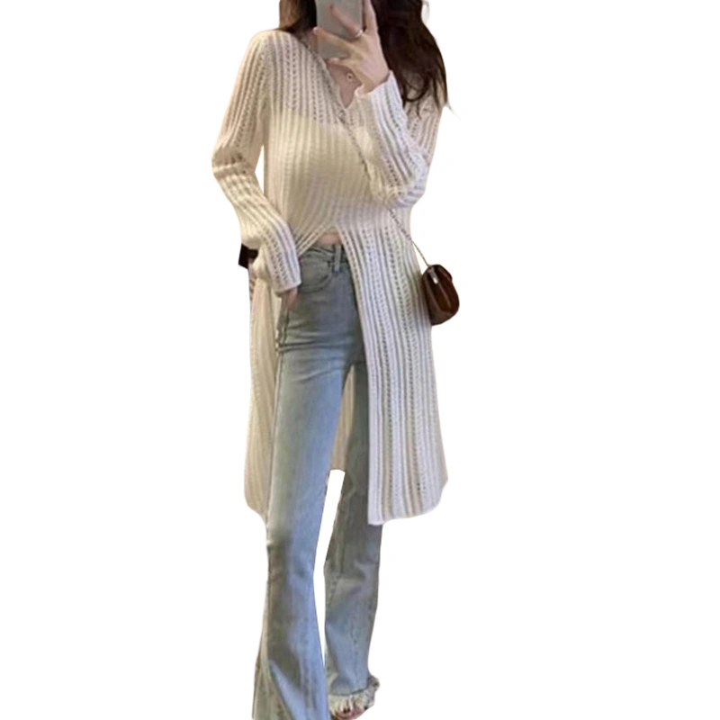 Women Long Knit Tops Long Sleeve V Neck Solid Color Split Hem Knitwear