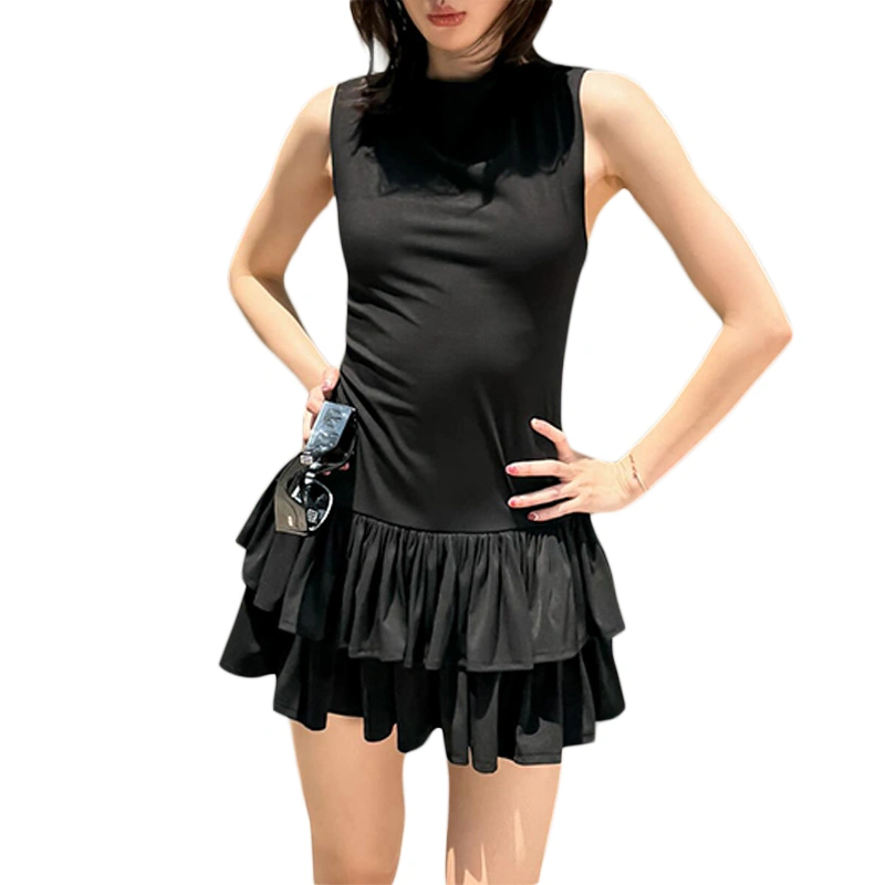 Women Mini Dress Sleeveless Crew Neck Backless Tie-up Tank Dress