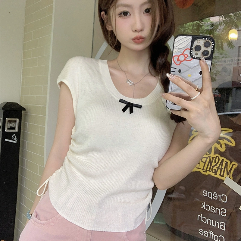 Women Knit Tops Short Sleeve Bow Decor Side Drawstring T-shirt