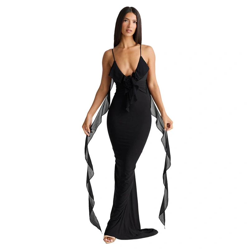 Women Long Evening Dress Sleeveless Deep V Neck Ruffle Slip Dress