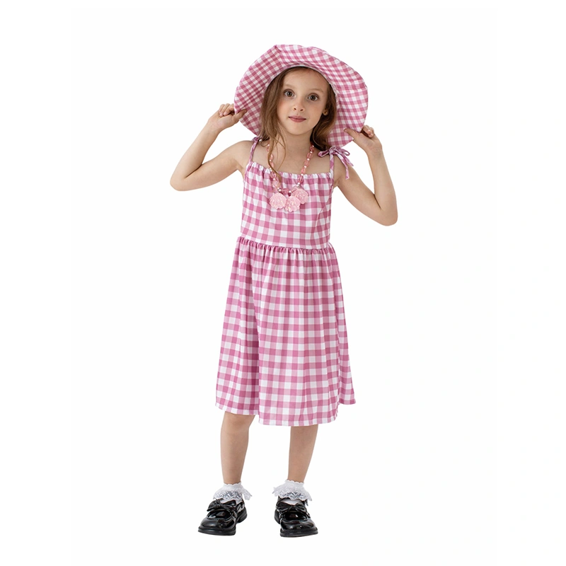 Kids Girls Barbie Dress Pink Plaid Movie Cosplay Costume with Hat