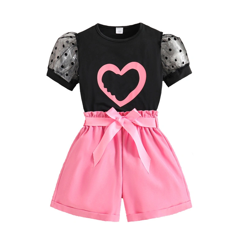 Girls Summer Outfits Puff Sleeve Heart Print Tops + Belted Shorts Set