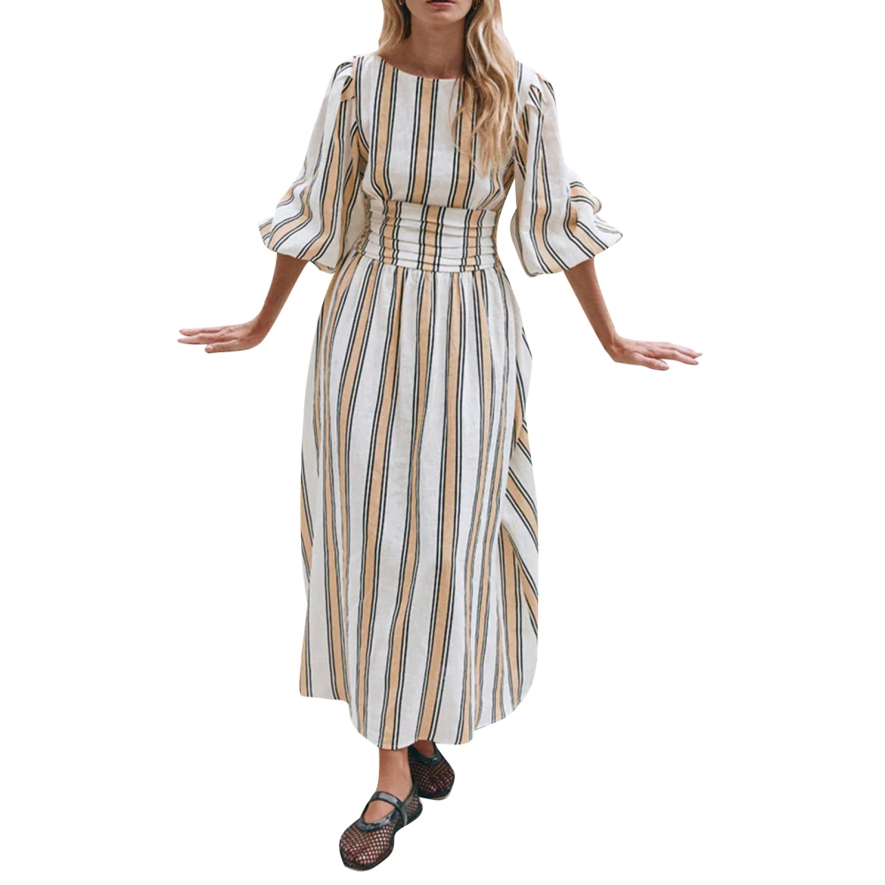 Women's Midi Dress Striped Lantern Sleeve Open Back Tie A-Line Dress 