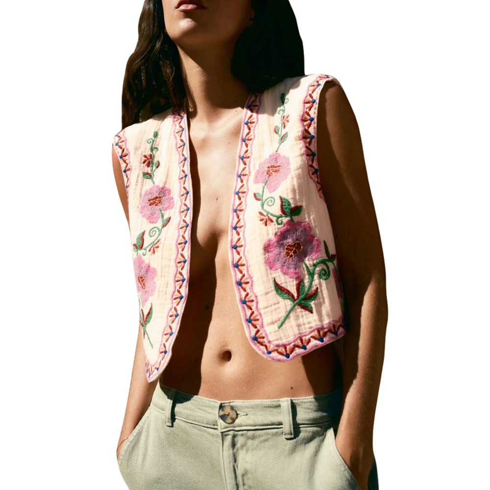 Women Vest, Sleeveless Open Front Embroidery Flower Outwear Gilet