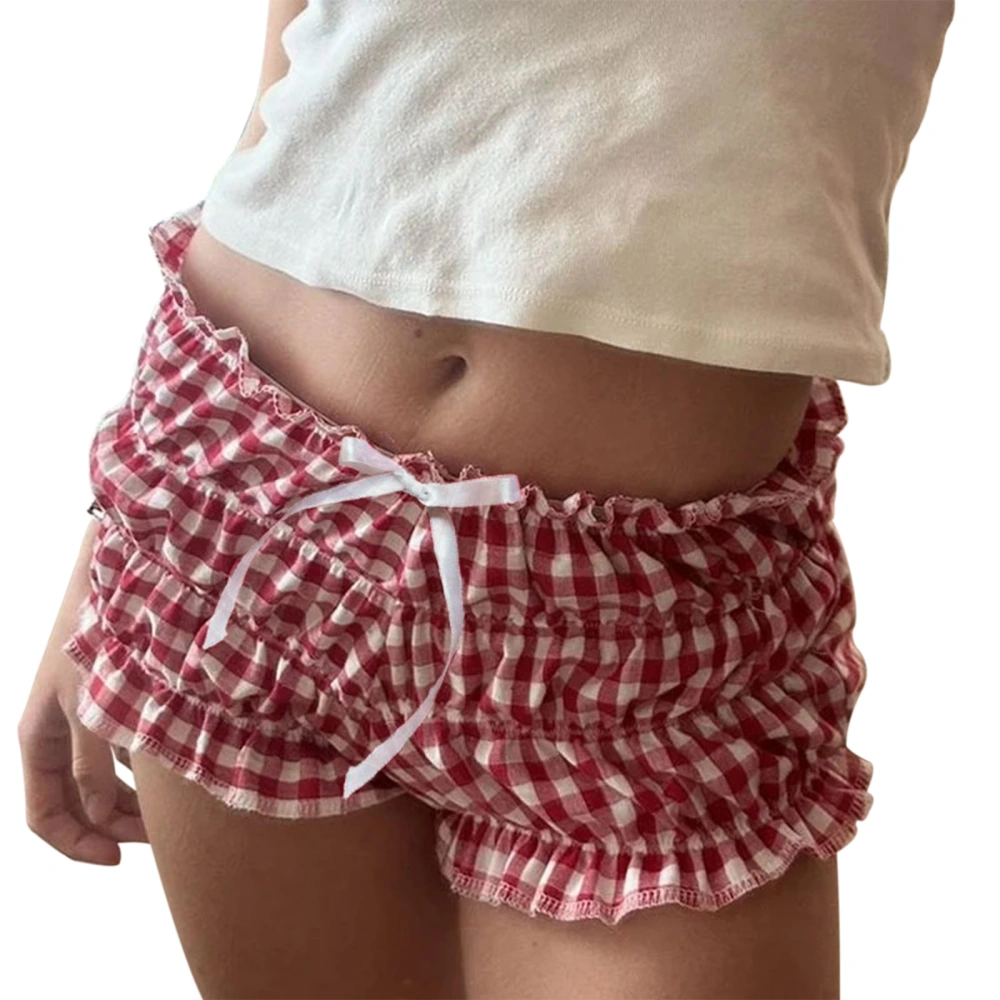 Women Pajama Bloomers Shorts Plaid Print Elastic Ruffles Lounge Pants