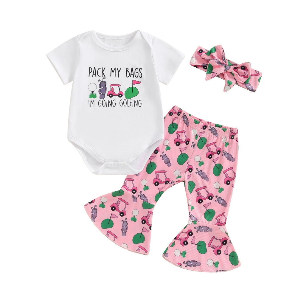 Baby Girls Outfit, Short Sleeve Romper Golf Cart Print Pants Headband