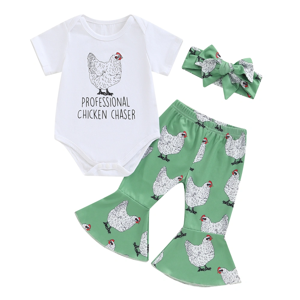 Baby 3PCS Sets Short Sleeve Romper Chicken Print Pants Headband