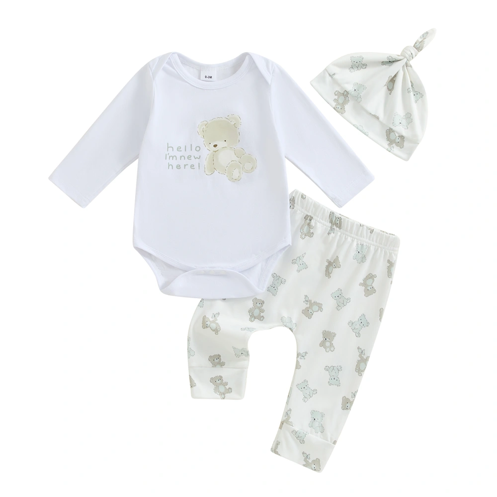 Baby Boys Spring Outfits Letter Bear Print Rompers Pants Hat Set