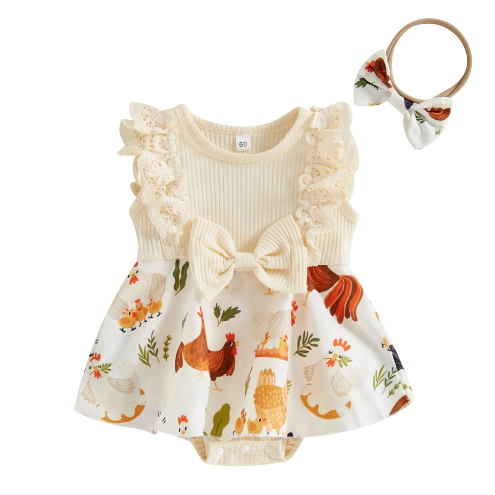 Baby Girl Set Farm Chicken Lace Print Dress Romper Bow Headband Outfit