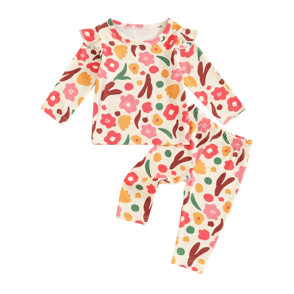 Girls Pants Set, Flower Print Long Sleeve T-shirt with Pants