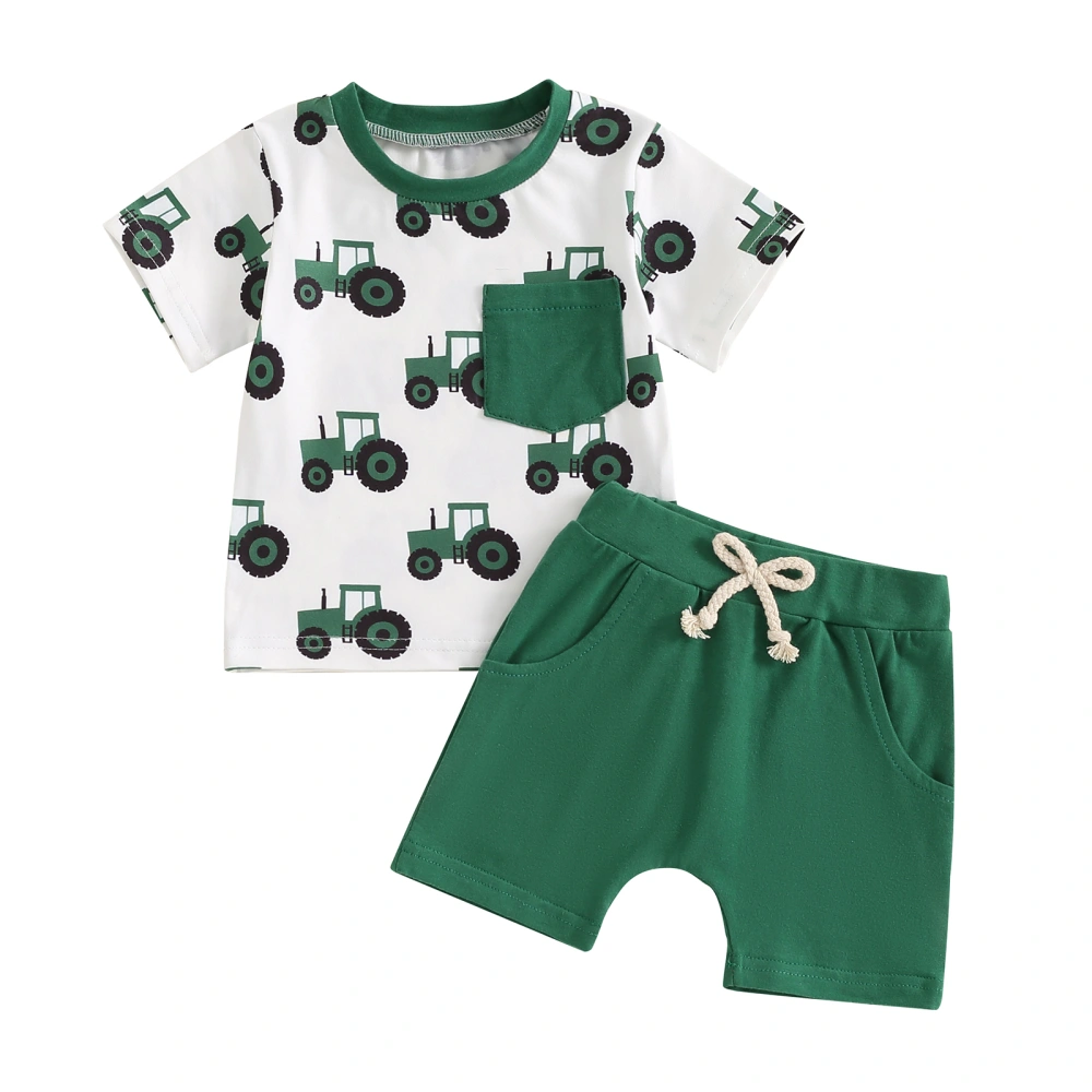 Toddler Summer Outfits Tractor Print T-Shirts Elastic Waist Shorts