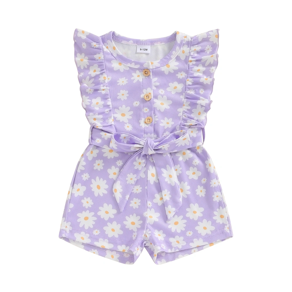 Baby Girl Jumpsuit Ruffle Sleeveless Round Neck Floral Belted Romper